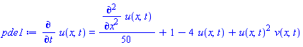 diff(u(x, t), t) = (1/50)*(diff(diff(u(x, t), x), x))+1-4*u(x, t)+u(x, t)^2*v(x, t)