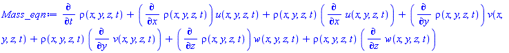 diff(rho(x, y, z, t), t)+(diff(rho(x, y, z, t), x))*u(x, y, z, t)+rho(x, y, z, t)*(diff(u(x, y, z, t), x))+(diff(rho(x, y, z, t), y))*v(x, y, z, t)+rho(x, y, z, t)*(diff(v(x, y, z, t), y))+(diff(rho(x, y, z, t), z))*w(x, y, z, t)+rho(x, y, z, t)*(diff(w(x, y, z, t), z))