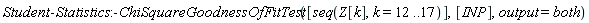Student:-Statistics:-ChiSquareGoodnessOfFitTest([seq(Z[k], k = 12 .. 17)], [INP], output = both)