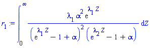 int(lambda[1]*alpha^2*exp(lambda[1]*Z)/((exp(lambda[1]*Z)-1+alpha)^2*(exp(lambda[2]*Z)-1+alpha)), Z = 0 .. infinity)
