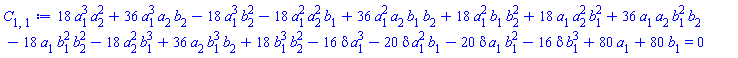 18*a[1]^3*a[2]^2+36*a[1]^3*a[2]*b[2]-18*a[1]^3*b[2]^2-18*a[1]^2*a[2]^2*b[1]+36*a[1]^2*a[2]*b[1]*b[2]+18*a[1]^2*b[1]*b[2]^2+18*a[1]*a[2]^2*b[1]^2+36*a[1]*a[2]*b[1]^2*b[2]-18*a[1]*b[1]^2*b[2]^2-18*a[2]^2*b[1]^3+36*a[2]*b[1]^3*b[2]+18*b[1]^3*b[2]^2-16*delta*a[1]^3-20*delta*a[1]^2*b[1]-20*delta*a[1]*b[1]^2-16*delta*b[1]^3+80*a[1]+80*b[1] = 0