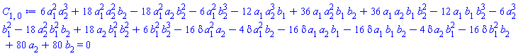 6*a[1]^2*a[2]^3+18*a[1]^2*a[2]^2*b[2]-18*a[1]^2*a[2]*b[2]^2-6*a[1]^2*b[2]^3-12*a[1]*a[2]^3*b[1]+36*a[1]*a[2]^2*b[1]*b[2]+36*a[1]*a[2]*b[1]*b[2]^2-12*a[1]*b[1]*b[2]^3-6*a[2]^3*b[1]^2-18*a[2]^2*b[1]^2*b[2]+18*a[2]*b[1]^2*b[2]^2+6*b[1]^2*b[2]^3-16*delta*a[1]^2*a[2]-4*delta*a[1]^2*b[2]-16*delta*a[1]*a[2]*b[1]-16*delta*a[1]*b[1]*b[2]-4*delta*a[2]*b[1]^2-16*delta*b[1]^2*b[2]+80*a[2]+80*b[2] = 0