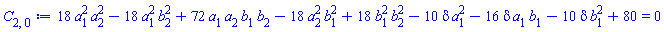 18*a[1]^2*a[2]^2-18*a[1]^2*b[2]^2+72*a[1]*a[2]*b[1]*b[2]-18*a[2]^2*b[1]^2+18*b[1]^2*b[2]^2-10*delta*a[1]^2-16*delta*a[1]*b[1]-10*delta*b[1]^2+80 = 0