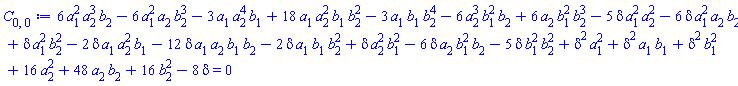 6*a[1]^2*a[2]^3*b[2]-6*a[1]^2*a[2]*b[2]^3-3*a[1]*a[2]^4*b[1]+18*a[1]*a[2]^2*b[1]*b[2]^2-3*a[1]*b[1]*b[2]^4-6*a[2]^3*b[1]^2*b[2]+6*a[2]*b[1]^2*b[2]^3-5*delta*a[1]^2*a[2]^2-6*delta*a[1]^2*a[2]*b[2]+delta*a[1]^2*b[2]^2-2*delta*a[1]*a[2]^2*b[1]-12*delta*a[1]*a[2]*b[1]*b[2]-2*delta*a[1]*b[1]*b[2]^2+delta*a[2]^2*b[1]^2-6*delta*a[2]*b[1]^2*b[2]-5*delta*b[1]^2*b[2]^2+delta^2*a[1]^2+delta^2*a[1]*b[1]+delta^2*b[1]^2+16*a[2]^2+48*a[2]*b[2]+16*b[2]^2-8*delta = 0