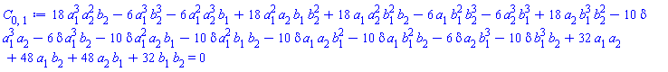 18*a[1]^3*a[2]^2*b[2]-6*a[1]^3*b[2]^3-6*a[1]^2*a[2]^3*b[1]+18*a[1]^2*a[2]*b[1]*b[2]^2+18*a[1]*a[2]^2*b[1]^2*b[2]-6*a[1]*b[1]^2*b[2]^3-6*a[2]^3*b[1]^3+18*a[2]*b[1]^3*b[2]^2-10*delta*a[1]^3*a[2]-6*delta*a[1]^3*b[2]-10*delta*a[1]^2*a[2]*b[1]-10*delta*a[1]^2*b[1]*b[2]-10*delta*a[1]*a[2]*b[1]^2-10*delta*a[1]*b[1]^2*b[2]-6*delta*a[2]*b[1]^3-10*delta*b[1]^3*b[2]+32*a[1]*a[2]+48*a[1]*b[2]+48*a[2]*b[1]+32*b[1]*b[2] = 0