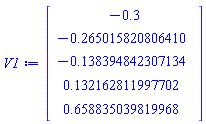 Vector(5, {(1) = -.3, (2) = -.26501582080640973, (3) = -.13839484230713406, (4) = .1321628119977024, (5) = .6588350398199677})