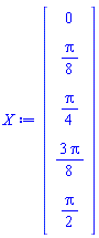 Vector(5, {(1) = 0, (2) = (1/8)*Pi, (3) = (1/4)*Pi, (4) = (3/8)*Pi, (5) = (1/2)*Pi})
