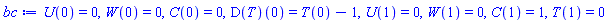 U(0) = 0, W(0) = 0, C(0) = 0, (D(T))(0) = T(0)-1, U(1) = 0, W(1) = 0, C(1) = 1, T(1) = 0
