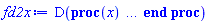 D(proc (x) local res, data, solnproc, `diff(F(x),x)`, outpoint; option `Copyright (c) 2000 by Waterloo Maple Inc. All rights reserved.`; _EnvDSNumericSaveDigits := Digits; Digits := 15; if _EnvInFsolve = true then outpoint := evalf[_EnvDSNumericSaveDigits](x) else outpoint := evalf(x) end if; data := Array(1..4, {(1) = proc (outpoint) local X, Y, YP, yout, errproc, L, V, i; option `Copyright (c) 2000 by Waterloo Maple Inc. All rights reserved.`; X := Vector(8, {(1) = .0, (2) = .13356755121790845, (3) = .30430039984542584, (4) = .4711335427102931, (5) = .6262694366777036, (6) = .7636417442240576, (7) = .8856536401001731, (8) = 1.0}, datatype = float[8], order = C_order); Y := Matrix(8, 2, {(1, 1) = .2, (1, 2) = .6355472386901964, (2, 1) = .28679901058587776, (2, 2) = .6642172351157226, (3, 1) = .4026629349647905, (3, 2) = .6898565048786539, (4, 1) = .5191388059317775, (4, 2) = .7087686351481234, (5, 1) = .6327422107075403, (5, 2) = .7672375606410581, (6, 1) = .745854892367845, (6, 2) = .8933518491303937, (7, 1) = .8652730228741763, (7, 2) = 1.0741950607628237, (8, 1) = 1.0, (8, 2) = 1.2869514632712835}, datatype = float[8], order = C_order); YP := Matrix(8, 2, {(1, 1) = .6355472386901964, (1, 2) = .2, (2, 1) = .6642172351157226, (2, 2) = .2040819987788216, (3, 1) = .6898565048786539, (3, 2) = 0.987321747068094e-1, (4, 1) = .7087686351481234, (4, 2) = .18582163798963208, (5, 1) = .7672375606410581, (5, 2) = .6263258981104891, (6, 1) = .8933518491303937, (6, 2) = 1.2240154135287016, (7, 1) = 1.0741950607628237, (7, 2) = 1.7154194632259072, (8, 1) = 1.2869514632712835, (8, 2) = 1.9589242746631386}, datatype = float[8], order = C_order); errproc := proc (x_bvp) local outpoint, X, Y, yout, L, V, i; option `Copyright (c) 2000 by Waterloo Maple Inc. All rights reserved.`; Digits := 15; outpoint := evalf(x_bvp); X := Vector(8, {(1) = .0, (2) = .13356755121790845, (3) = .30430039984542584, (4) = .4711335427102931, (5) = .6262694366777036, (6) = .7636417442240576, (7) = .8856536401001731, (8) = 1.0}, datatype = float[8], order = C_order); Y := Matrix(8, 2, {(1, 1) = .0, (1, 2) = 0.13030464384801514e-6, (2, 1) = 0.1302535103026619e-7, (2, 2) = 0.14221614646911444e-6, (3, 1) = -0.4128469958203856e-7, (3, 2) = 0.15918945269923148e-6, (4, 1) = -0.7225809617070991e-7, (4, 2) = 0.11203207102741712e-6, (5, 1) = -0.5203959916725329e-7, (5, 2) = 0.648213485009814e-7, (6, 1) = -0.26104233388354814e-7, (6, 2) = 0.4841390359814309e-7, (7, 1) = -0.10238961917655763e-7, (7, 2) = 0.4628901322935305e-7, (8, 1) = .0, (8, 2) = 0.48876597274231683e-7}, datatype = float[8], order = C_order); if not type(outpoint, 'numeric') then if outpoint = "start" or outpoint = "left" then return X[1] elif outpoint = "right" then return X[8] elif outpoint = "order" then return 6 elif outpoint = "error" then return HFloat(1.5918945269923148e-7) elif outpoint = "errorproc" then error "this is already the error procedure" elif outpoint = "rawdata" then return [2, 8, [F(x), diff(F(x), x)], X, Y] else return ('procname')(x_bvp) end if end if; if outpoint < X[1] or X[8] < outpoint then error "solution is only defined in the range %1..%2", X[1], X[8] end if; V := array([1 = 4, 2 = 0]); if Digits <= trunc(evalhf(Digits)) then L := Vector(4, 'datatype' = 'float'[8]); yout := Vector(2, 'datatype' = 'float'[8]); evalhf(`dsolve/numeric/lagrange`(8, 2, X, Y, outpoint, var(yout), var(L), var(V))) else L := Vector(4, 'datatype' = 'sfloat'); yout := Vector(2, 'datatype' = 'sfloat'); `dsolve/numeric/lagrange`(8, 2, X, Y, outpoint, yout, L, V) end if; [x = outpoint, seq('[F(x), diff(F(x), x)]'[i] = yout[i], i = 1 .. 2)] end proc; if not type(outpoint, 'numeric') then if outpoint = "start" or outpoint = "left" then return X[1] elif outpoint = "method" then return "bvp" elif outpoint = "right" then return X[8] elif outpoint = "order" then return 6 elif outpoint = "error" then return HFloat(1.5918945269923148e-7) elif outpoint = "errorproc" then return eval(errproc) elif outpoint = "rawdata" then return [2, 8, "depnames", X, Y, YP] else error "non-numeric value" end if end if; if outpoint < X[1] or X[8] < outpoint then error "solution is only defined in the range %1..%2", X[1], X[8] end if; if Digits <= trunc(evalhf(Digits)) and (_EnvInFsolve <> true or _EnvDSNumericSaveDigits <= trunc(evalhf(Digits))) then V := array( 1 .. 6, [( 1 ) = (7), ( 2 ) = (0), ( 3 ) = (false), ( 4 ) = (false), ( 5 ) = (false), ( 6 ) = (false)  ] ); L := Matrix(7, 2, {(1, 1) = .0, (1, 2) = .0, (2, 1) = .0, (2, 2) = .0, (3, 1) = .0, (3, 2) = .0, (4, 1) = .0, (4, 2) = .0, (5, 1) = .0, (5, 2) = .0, (6, 1) = .0, (6, 2) = .0, (7, 1) = .0, (7, 2) = .0}, datatype = float[8], order = C_order); yout := Vector(2, {(1) = .0, (2) = .0}, datatype = float[8]); evalhf(`dsolve/numeric/hermite`(8, 2, X, Y, YP, outpoint, var(yout), var(L), var(V))) else if _EnvInFsolve = true then Digits := _EnvDSNumericSaveDigits end if; V := array( 1 .. 6, [( 1 ) = (7), ( 2 ) = (0), ( 3 ) = (false), ( 4 ) = (false), ( 5 ) = (false), ( 6 ) = (false)  ] ); L := Matrix(7, 2, {(1, 1) = 0., (1, 2) = 0., (2, 1) = 0., (2, 2) = 0., (3, 1) = 0., (3, 2) = 0., (4, 1) = 0., (4, 2) = 0., (5, 1) = 0., (5, 2) = 0., (6, 1) = 0., (6, 2) = 0., (7, 1) = 0., (7, 2) = 0.}, order = C_order); yout := Vector(2, {(1) = 0., (2) = 0.}); `dsolve/numeric/hermite`(8, 2, X, Y, YP, outpoint, yout, L, V) end if; [outpoint, seq(yout[i], i = 1 .. 2)] end proc, (2) = Array(1..3, {(1) = 18446883866908093534, (2) = 18446883866908094062, (3) = 18446883866908094238}), (3) = [x, F(x), diff(F(x), x)], (4) = 0}); solnproc := data[1]; if not type(outpoint, 'numeric') then if outpoint = "solnprocedure" then return eval(solnproc) elif member(outpoint, ["start", "left", "right", "errorproc", "rawdata", "order", "error"]) then return solnproc(x) elif outpoint = "sysvars" then return data[3] elif procname <> unknown then return ('procname')(x) else `diff(F(x),x)` := pointto(data[2][3]); return ('`diff(F(x),x)`')(x) end if end if; try res := solnproc(outpoint); res[3] catch: error  end try end proc)