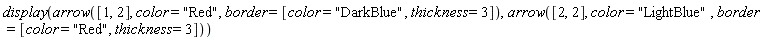 display(arrow([1, 2], color = "Red", border = [color = "DarkBlue", thickness = 3]), arrow([2, 2], color = "LightBlue", border = [color = "Red", thickness = 3]))