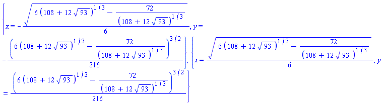 {x = -(1/6)*(6*(108+12*93^(1/2))^(1/3)-72/(108+12*93^(1/2))^(1/3))^(1/2), y = -(1/216)*(6*(108+12*93^(1/2))^(1/3)-72/(108+12*93^(1/2))^(1/3))^(3/2)}, {x = (1/6)*(6*(108+12*93^(1/2))^(1/3)-72/(108+12*93^(1/2))^(1/3))^(1/2), y = (1/216)*(6*(108+12*93^(1/2))^(1/3)-72/(108+12*93^(1/2))^(1/3))^(3/2)}