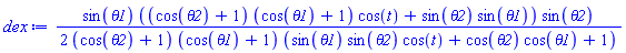 (1/2)*sin(theta1)*((cos(theta2)+1)*(cos(theta1)+1)*cos(t)+sin(theta2)*sin(theta1))*sin(theta2)/((cos(theta2)+1)*(cos(theta1)+1)*(sin(theta1)*sin(theta2)*cos(t)+cos(theta2)*cos(theta1)+1))