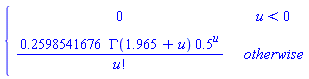 piecewise(u < 0, 0, .2598541676*GAMMA(1.965+u)*.5^u/factorial(u))