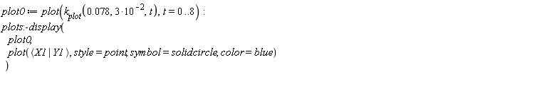 plot0 := plot(k__plot(0.78e-1, 3*10^(-2), t), t = 0 .. 8); plots:-display(plot0, plot(`<|>`(X1, Y1), style = point, symbol = solidcircle, color = blue))