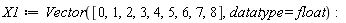 X1 := Vector([0, 1, 2, 3, 4, 5, 6, 7, 8], datatype = float)