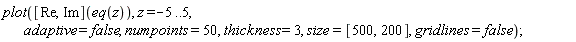 plot(([Re, Im])(eq(z)), z = -5 .. 5, adaptive = false, numpoints = 50, thickness = 3, size = [500, 200], gridlines = false);