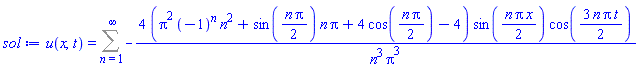 u(x, t) = Sum(-4*(Pi^2*(-1)^n*n^2+sin((1/2)*n*Pi)*n*Pi+4*cos((1/2)*n*Pi)-4)*sin((1/2)*n*Pi*x)*cos((3/2)*n*Pi*t)/(n^3*Pi^3), n = 1 .. infinity)
