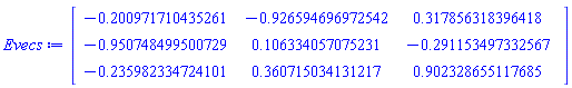 Matrix(3, 3, {(1, 1) = -.20097171043526135, (1, 2) = -.9265946969725416, (1, 3) = .3178563183964183, (2, 1) = -.950748499500729, (2, 2) = .10633405707523064, (2, 3) = -.29115349733256674, (3, 1) = -.23598233472410096, (3, 2) = .36071503413121725, (3, 3) = .9023286551176849})