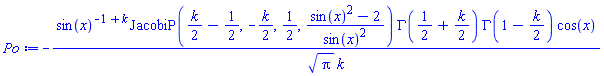 -sin(x)^(-1+k)*JacobiP((1/2)*k-1/2, -(1/2)*k, 1/2, (sin(x)^2-2)/sin(x)^2)*GAMMA(1/2+(1/2)*k)*GAMMA(1-(1/2)*k)*cos(x)/(Pi^(1/2)*k)