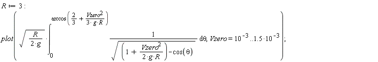 R := 3; plot(sqrt(R/(2*g))*(int(1/sqrt(1+Vzero^2/(2*g*R)-cos(theta)), theta = 0 .. arccos(2/3+Vzero^2/(3*g*R)))), Vzero = 10^(-3) .. 1.5*10^(-3))