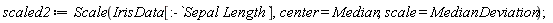 scaled2 := Scale(IrisData[:-`Sepal Length`], center = Median, scale = MedianDeviation)