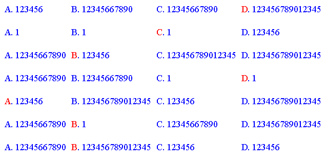 "[["A"". ""123456","B"". ""12345667890","C"". ""12345667890","D"". ""123456789012345"],[],[],["A"". ""1","B"". ""1","C"". ""1","D"". ""123456"],[],[],["A"". ""12345667890","B"". ""123456","C"". ""123456789012345","D"". ""123456789012345"],[],[],["A"". ""12345667890","B"". ""12345667890","C"". ""1","D"". ""1"],[],[],["A"". ""123456","B"". ""123456789012345","C"". ""123456","D"". ""123456789012345"],[],[],["A"". ""12345667890","B"". ""1","C"". ""12345667890","D"". ""123456789012345"],[],[],["A"". ""12345667890","B"". ""123456789012345","C"". ""123456","D"". ""123456"],[],[]]"