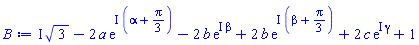 I*3^(1/2)-2*a*exp(I*(alpha+(1/3)*Pi))-2*b*exp(I*beta)+2*b*exp(I*(beta+(1/3)*Pi))+2*c*exp(I*gamma)+1