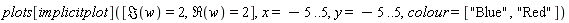 plots[implicitplot]([Im(w) = 2, Re(w) = 2], x = -5 .. 5, y = -5 .. 5, colour = ["Blue", "Red"])