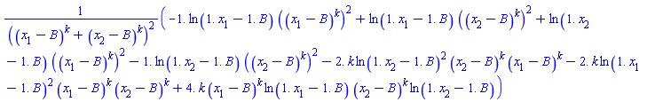 (-1.*ln(1.*x[1]-1.*B)*((x[1]-B)^k)^2+ln(1.*x[1]-1.*B)*((x[2]-B)^k)^2+ln(1.*x[2]-1.*B)*((x[1]-B)^k)^2-1.*ln(1.*x[2]-1.*B)*((x[2]-B)^k)^2-2.*k*ln(1.*x[2]-1.*B)^2*(x[2]-B)^k*(x[1]-B)^k-2.*k*ln(1.*x[1]-1.*B)^2*(x[1]-B)^k*(x[2]-B)^k+4.*k*(x[1]-B)^k*ln(1.*x[1]-1.*B)*(x[2]-B)^k*ln(1.*x[2]-1.*B))/((x[1]-B)^k+(x[2]-B)^k)^2