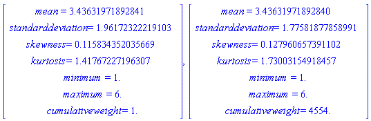 Vector(7, {(1) = mean = HFloat(3.4363197189284143), (2) = standarddeviation = HFloat(1.9617232221910301), (3) = skewness = HFloat(0.11583435203566941), (4) = kurtosis = HFloat(1.4176722719630659), (5) = minimum = HFloat(1.0), (6) = maximum = HFloat(6.0), (7) = cumulativeweight = HFloat(1.0)}), Vector(7, {(1) = mean = HFloat(3.436319718928405), (2) = standarddeviation = HFloat(1.7758187785899078), (3) = skewness = HFloat(0.12796065739110243), (4) = kurtosis = HFloat(1.73003154918457), (5) = minimum = HFloat(1.0), (6) = maximum = HFloat(6.0), (7) = cumulativeweight = HFloat(4554.0)})