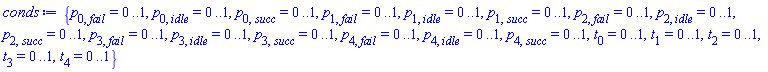 {p[0, fail] = 0 .. 1, p[0, idle] = 0 .. 1, p[0, succ] = 0 .. 1, p[1, fail] = 0 .. 1, p[1, idle] = 0 .. 1, p[1, succ] = 0 .. 1, p[2, fail] = 0 .. 1, p[2, idle] = 0 .. 1, p[2, succ] = 0 .. 1, p[3, fail] = 0 .. 1, p[3, idle] = 0 .. 1, p[3, succ] = 0 .. 1, p[4, fail] = 0 .. 1, p[4, idle] = 0 .. 1, p[4, succ] = 0 .. 1, t[0] = 0 .. 1, t[1] = 0 .. 1, t[2] = 0 .. 1, t[3] = 0 .. 1, t[4] = 0 .. 1}