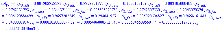 {p[0, fail] = 0.1902958391e-2, p[0, idle] = .9759851872, p[0, succ] = .1030103109, p[1, fail] = 0.3405000403e-2, p[1, idle] = .9762181798, p[1, succ] = .1844371111, p[2, fail] = 0.3808095785e-2, p[2, idle] = .9762807580, p[2, succ] = .2063070876, p[3, fail] = 0.5120884499e-2, p[3, idle] = .9657202245, p[3, succ] = .2940419271, p[4, fail] = 0.5920604827e-2, p[4, idle] = .9658161483, p[4, succ] = .3400331814, t[0] = 0.3020036099e-3, t[1] = 0.5406000512e-3, t[2] = 0.6046639560e-3, t[3] = 0.6350512932e-3, t[4] = 0.7343070663e-3}