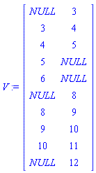 V := Matrix(10, 2, {(1, 1) = NULL, (1, 2) = 3, (2, 1) = 3, (2, 2) = 4, (3, 1) = 4, (3, 2) = 5, (4, 1) = 5, (4, 2) = NULL, (5, 1) = 6, (5, 2) = NULL, (6, 1) = NULL, (6, 2) = 8, (7, 1) = 8, (7, 2) = 9, (8, 1) = 9, (8, 2) = 10, (9, 1) = 10, (9, 2) = 11, (10, 1) = NULL, (10, 2) = 12})