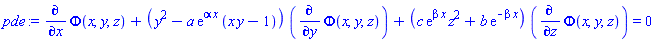 diff(Phi(x, y, z), x)+(y^2-a*exp(alpha*x)*(x*y-1))*(diff(Phi(x, y, z), y))+(c*exp(beta*x)*z^2+b*exp(-beta*x))*(diff(Phi(x, y, z), z)) = 0