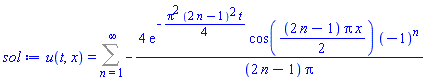 u(t, x) = Sum(-4*exp(-(1/4)*Pi^2*(2*n-1)^2*t)*cos((1/2)*(2*n-1)*Pi*x)*(-1)^n/((2*n-1)*Pi), n = 1 .. infinity)