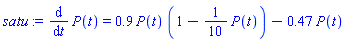 diff(P(t), t) = .9*P(t)*(1-(1/10)*P(t))-.47*P(t)