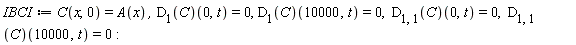IBCI := C(x, 0) = A(x), (D[1](C))(0, t) = 0, (D[1](C))(10000, t) = 0, (D[1, 1](C))(0, t) = 0, (D[1, 1](C))(10000, t) = 0: