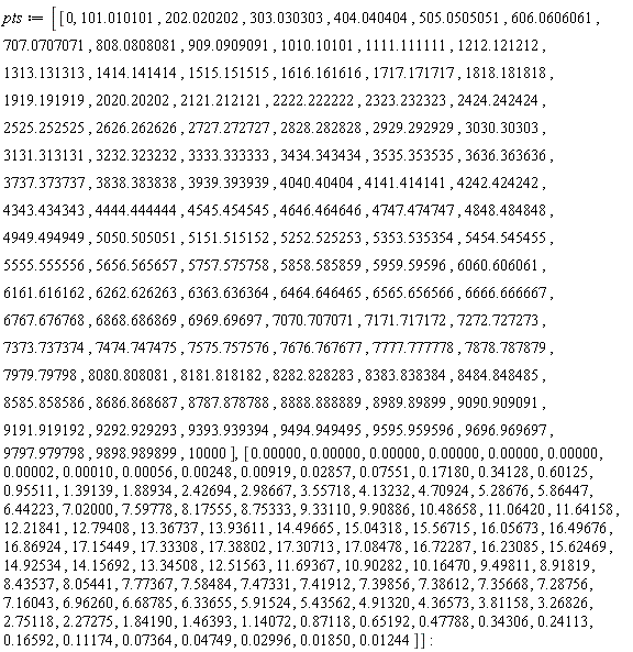 pts := [Vector[row](100, {(1) = 0, (2) = 101.010101, (3) = 202.020202, (4) = 303.030303, (5) = 404.040404, (6) = 505.0505051, (7) = 606.0606061, (8) = 707.0707071, (9) = 808.0808081, (10) = 909.0909091, (11) = 1010.10101, (12) = 1111.111111, (13) = 1212.121212, (14) = 1313.131313, (15) = 1414.141414, (16) = 1515.151515, (17) = 1616.161616, (18) = 1717.171717, (19) = 1818.181818, (20) = 1919.191919, (21) = 2020.20202, (22) = 2121.212121, (23) = 2222.222222, (24) = 2323.232323, (25) = 2424.242424, (26) = 2525.252525, (27) = 2626.262626, (28) = 2727.272727, (29) = 2828.282828, (30) = 2929.292929, (31) = 3030.30303, (32) = 3131.313131, (33) = 3232.323232, (34) = 3333.333333, (35) = 3434.343434, (36) = 3535.353535, (37) = 3636.363636, (38) = 3737.373737, (39) = 3838.383838, (40) = 3939.393939, (41) = 4040.40404, (42) = 4141.414141, (43) = 4242.424242, (44) = 4343.434343, (45) = 4444.444444, (46) = 4545.454545, (47) = 4646.464646, (48) = 4747.474747, (49) = 4848.484848, (50) = 4949.494949, (51) = 5050.505051, (52) = 5151.515152, (53) = 5252.525253, (54) = 5353.535354, (55) = 5454.545455, (56) = 5555.555556, (57) = 5656.565657, (58) = 5757.575758, (59) = 5858.585859, (60) = 5959.59596, (61) = 6060.606061, (62) = 6161.616162, (63) = 6262.626263, (64) = 6363.636364, (65) = 6464.646465, (66) = 6565.656566, (67) = 6666.666667, (68) = 6767.676768, (69) = 6868.686869, (70) = 6969.69697, (71) = 7070.707071, (72) = 7171.717172, (73) = 7272.727273, (74) = 7373.737374, (75) = 7474.747475, (76) = 7575.757576, (77) = 7676.767677, (78) = 7777.777778, (79) = 7878.787879, (80) = 7979.79798, (81) = 8080.808081, (82) = 8181.818182, (83) = 8282.828283, (84) = 8383.838384, (85) = 8484.848485, (86) = 8585.858586, (87) = 8686.868687, (88) = 8787.878788, (89) = 8888.888889, (90) = 8989.89899, (91) = 9090.909091, (92) = 9191.919192, (93) = 9292.929293, (94) = 9393.939394, (95) = 9494.949495, (96) = 9595.959596, (97) = 9696.969697, (98) = 9797.979798, (99) = 9898.989899, (100) = 10000}), Vector[row](100, {(1) = 0., (2) = 0., (3) = 0., (4) = 0., (5) = 0., (6) = 0., (7) = 0.2e-4, (8) = 0.10e-3, (9) = 0.56e-3, (10) = 0.248e-2, (11) = 0.919e-2, (12) = 0.2857e-1, (13) = 0.7551e-1, (14) = .17180, (15) = .34128, (16) = .60125, (17) = .95511, (18) = 1.39139, (19) = 1.88934, (20) = 2.42694, (21) = 2.98667, (22) = 3.55718, (23) = 4.13232, (24) = 4.70924, (25) = 5.28676, (26) = 5.86447, (27) = 6.44223, (28) = 7.02000, (29) = 7.59778, (30) = 8.17555, (31) = 8.75333, (32) = 9.33110, (33) = 9.90886, (34) = 10.48658, (35) = 11.06420, (36) = 11.64158, (37) = 12.21841, (38) = 12.79408, (39) = 13.36737, (40) = 13.93611, (41) = 14.49665, (42) = 15.04318, (43) = 15.56715, (44) = 16.05673, (45) = 16.49676, (46) = 16.86924, (47) = 17.15449, (48) = 17.33308, (49) = 17.38802, (50) = 17.30713, (51) = 17.08478, (52) = 16.72287, (53) = 16.23085, (54) = 15.62469, (55) = 14.92534, (56) = 14.15692, (57) = 13.34508, (58) = 12.51563, (59) = 11.69367, (60) = 10.90282, (61) = 10.16470, (62) = 9.49811, (63) = 8.91819, (64) = 8.43537, (65) = 8.05441, (66) = 7.77367, (67) = 7.58484, (68) = 7.47331, (69) = 7.41912, (70) = 7.39856, (71) = 7.38612, (72) = 7.35668, (73) = 7.28756, (74) = 7.16043, (75) = 6.96260, (76) = 6.68785, (77) = 6.33655, (78) = 5.91524, (79) = 5.43562, (80) = 4.91320, (81) = 4.36573, (82) = 3.81158, (83) = 3.26826, (84) = 2.75118, (85) = 2.27275, (86) = 1.84190, (87) = 1.46393, (88) = 1.14072, (89) = .87118, (90) = .65192, (91) = .47788, (92) = .34306, (93) = .24113, (94) = .16592, (95) = .11174, (96) = 0.7364e-1, (97) = 0.4749e-1, (98) = 0.2996e-1, (99) = 0.1850e-1, (100) = 0.1244e-1})]