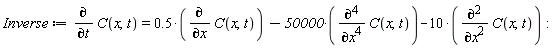 Inverse := diff(C(x, t), t) = .5*(diff(C(x, t), x))-50000*(diff(C(x, t), x, x, x, x))-10*(diff(C(x, t), x, x)):