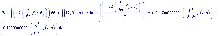 int(-2*(diff(f(r, theta), r)), theta)+int(int(12*f(r, theta), r), theta)+int(-12*(diff(f(r, theta), theta))/r, r)+.1500000000*(diff(diff(f(r, theta), r), theta))+int(.1250000000*(diff(diff(diff(f(r, theta), theta), theta), theta)), r)