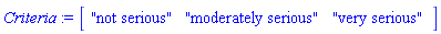 Criteria := Matrix(1, 3, {(1, 1) = "not serious", (1, 2) = "moderately serious", (1, 3) = "very serious"})