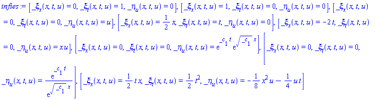 [_xi[x](x, t, u) = 0, _xi[t](x, t, u) = 1, _eta[u](x, t, u) = 0], [_xi[x](x, t, u) = 1, _xi[t](x, t, u) = 0, _eta[u](x, t, u) = 0], [_xi[x](x, t, u) = 0, _xi[t](x, t, u) = 0, _eta[u](x, t, u) = u], [_xi[x](x, t, u) = (1/2)*x, _xi[t](x, t, u) = t, _eta[u](x, t, u) = 0], [_xi[x](x, t, u) = -2*t, _xi[t](x, t, u) = 0, _eta[u](x, t, u) = x*u], [_xi[x](x, t, u) = 0, _xi[t](x, t, u) = 0, _eta[u](x, t, u) = exp(_c[1]*t)*exp(_c[1]^(1/2)*x)], [_xi[x](x, t, u) = 0, _xi[t](x, t, u) = 0, _eta[u](x, t, u) = exp(_c[1]*t)/exp(_c[1]^(1/2)*x)], [_xi[x](x, t, u) = (1/2)*t*x, _xi[t](x, t, u) = (1/2)*t^2, _eta[u](x, t, u) = -(1/8)*x^2*u-(1/4)*u*t]