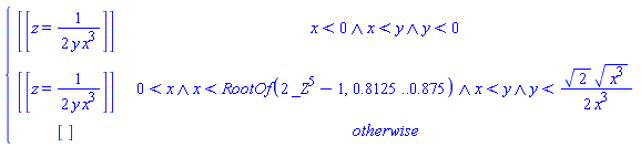 piecewise(x < 0 and x < y and y < 0, [[z = 1/(2*y*x^3)]], `and`(`and`(`and`(0 < x, x < RootOf(2*_Z^5-1, .8125 .. .875)), x < y), y < sqrt(2)*sqrt(x^3)/(2*x^3)), [[z = 1/(2*y*x^3)]], [])