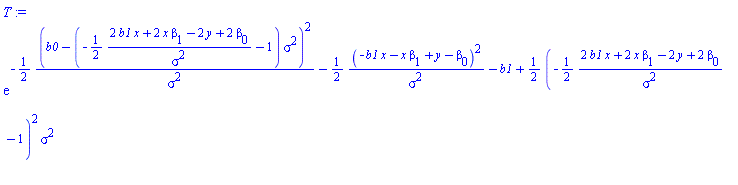 exp(-(1/2)*(b0-(-(1/2)*(2*b1*x+2*x*beta[1]-2*y+2*beta[0])/sigma^2-1)*sigma^2)^2/sigma^2-(1/2)*(-b1*x-x*beta[1]+y-beta[0])^2/sigma^2-b1+(1/2)*(-(1/2)*(2*b1*x+2*x*beta[1]-2*y+2*beta[0])/sigma^2-1)^2*sigma^2)