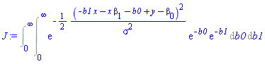 Int(Int(exp(-(1/2)*(-b1*x-x*beta[1]-b0+y-beta[0])^2/sigma^2)*exp(-b0)*exp(-b1), b0 = 0 .. infinity), b1 = 0 .. infinity)