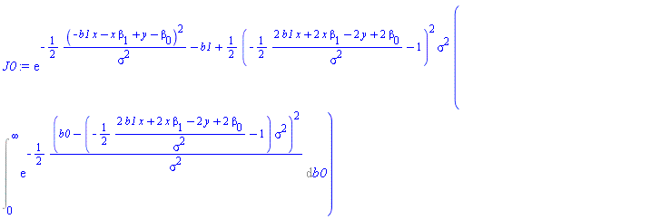 exp(-(1/2)*(-b1*x-x*beta[1]+y-beta[0])^2/sigma^2-b1+(1/2)*(-(1/2)*(2*b1*x+2*x*beta[1]-2*y+2*beta[0])/sigma^2-1)^2*sigma^2)*(Int(exp(-(1/2)*(b0-(-(1/2)*(2*b1*x+2*x*beta[1]-2*y+2*beta[0])/sigma^2-1)*sigma^2)^2/sigma^2), b0 = 0 .. infinity))