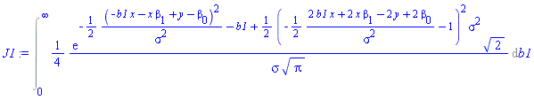 Int((1/4)*exp(-(1/2)*(-b1*x-x*beta[1]+y-beta[0])^2/sigma^2-b1+(1/2)*(-(1/2)*(2*b1*x+2*x*beta[1]-2*y+2*beta[0])/sigma^2-1)^2*sigma^2)*2^(1/2)/(sigma*Pi^(1/2)), b1 = 0 .. infinity)