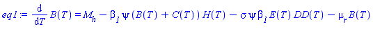 diff(B(T), T) = M__h-beta__1*psi*(B(T)+C(T))*H(T)-sigma*psi*beta__1*E(T)*DD(T)-mu__r*B(T)