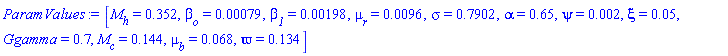 [M__h = .352, beta__o = 0.79e-3, beta__1 = 0.198e-2, mu__r = 0.96e-2, sigma = .7902, alpha = .65, psi = 0.2e-2, xi = 0.5e-1, Ggamma = .7, M__c = .144, mu__b = 0.68e-1, varpi = .134]
