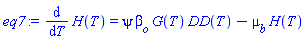 diff(H(T), T) = psi*beta__o*G(T)*DD(T)-mu__b*H(T)